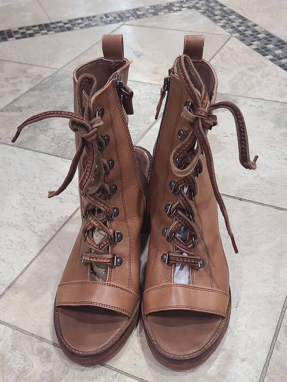 Women’s Tan Lace-Up Open-Toe Ankle Boots